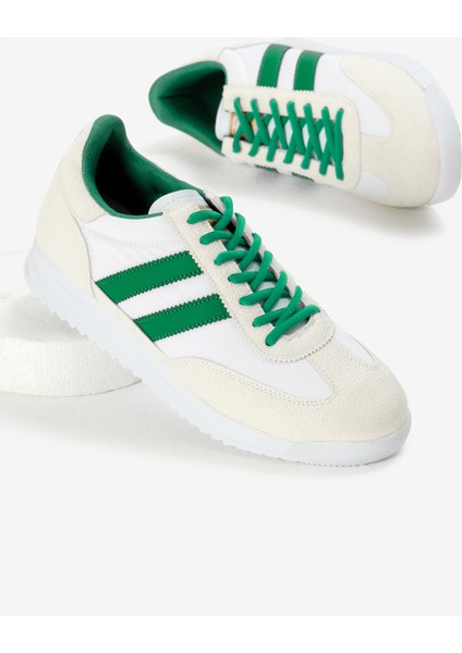Unisex Beyaz Yeşil Termo Taban Çift Şeritli Bağcıklı Spor Ayakkabı