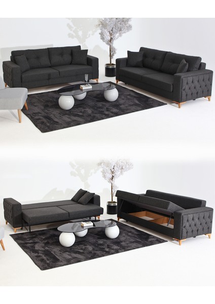 Nola Koltuk Takımı 3+3+3 & Bazalı Yataklı Koltuk & Kanepe - Antrasit