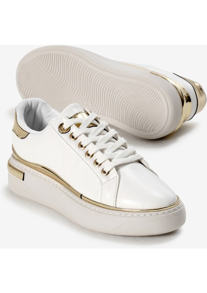 Kadın Beyaz Kalın Poli Taban Altın Detaylı Bağcıklı Spor Ayakkabı fırsatları