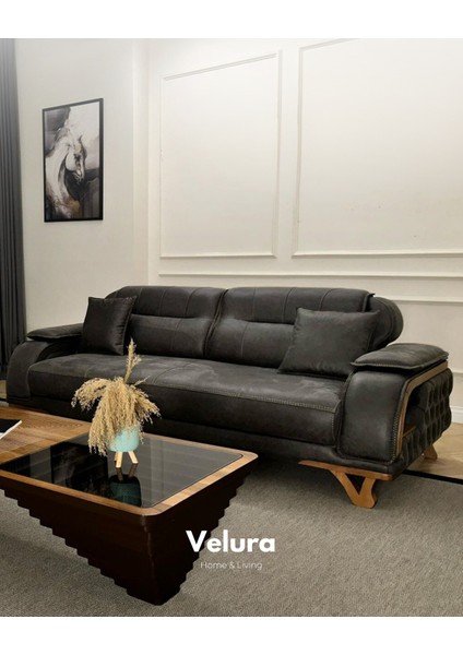 Berra Sırt Mekanizmalı Üç Adet Üçlü Kanepe & 3'lü Koltuk (3+3+3) - Antrasit