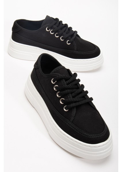 Kadın Siyah Poli Taban Keten Halat Bağcıklı Spor Ayakkabı