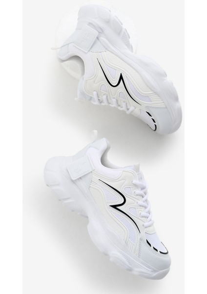 Kadın Beyaz Siyah Yüksek Eva Faylon Taban Nefes Alabilen Kumaş Desenli Bağcıklı Spor Ayakkabı