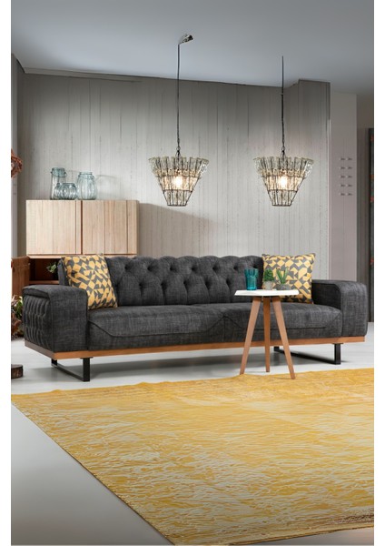 Enisa Sırt Mekanizmalı Üç Adet Üçlü Kanepe & Kapitoneli 3'lü Koltuk (3+3+3) - Antrasit