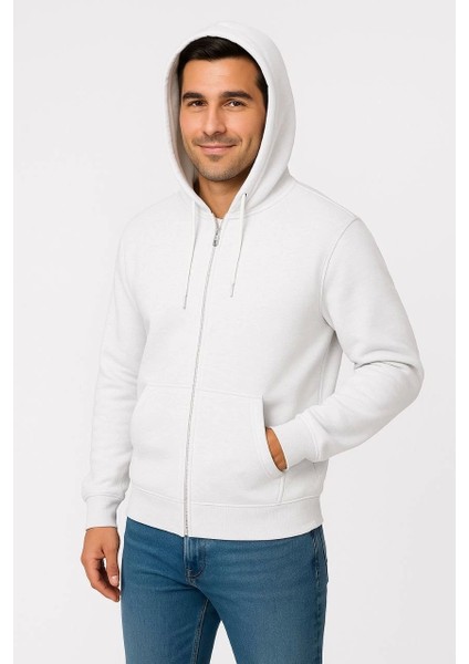 Erkek Üç Iplik Kapüşonlu Tam Fermuarlı Kanguru Çepli Sweatshirt Hoodie - Beyaz modelleri