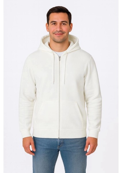 Erkek Üç Iplik Kapüşonlu Tam Fermuarlı Kanguru Çepli Sweatshirt Hoodie - Beyaz fırsatları