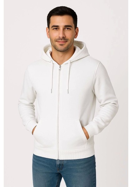 Erkek Üç Iplik Kapüşonlu Tam Fermuarlı Kanguru Çepli Sweatshirt Hoodie - Beyaz indirimleri