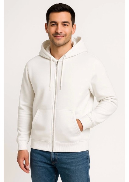 Erkek Üç Iplik Kapüşonlu Tam Fermuarlı Kanguru Çepli Sweatshirt Hoodie - Beyaz