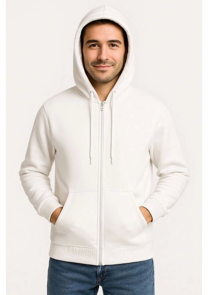 Erkek Üç Iplik Kapüşonlu Tam Fermuarlı Kanguru Çepli Sweatshirt Hoodie - Beyaz
