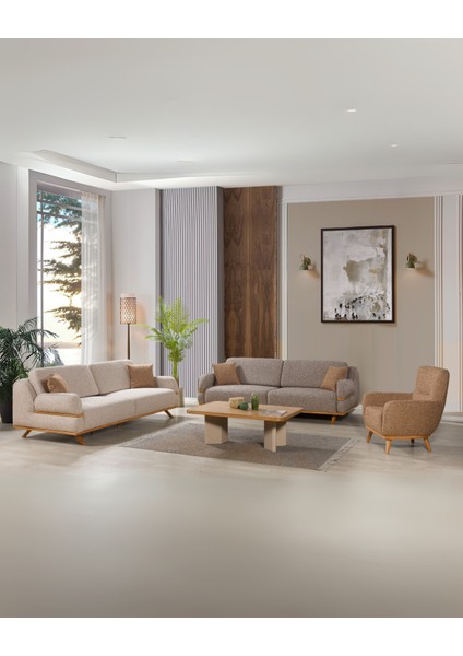 Focus Üç Adet Üçlü Kanepe & 3'lü Koltuk (3+3+3) - Krem