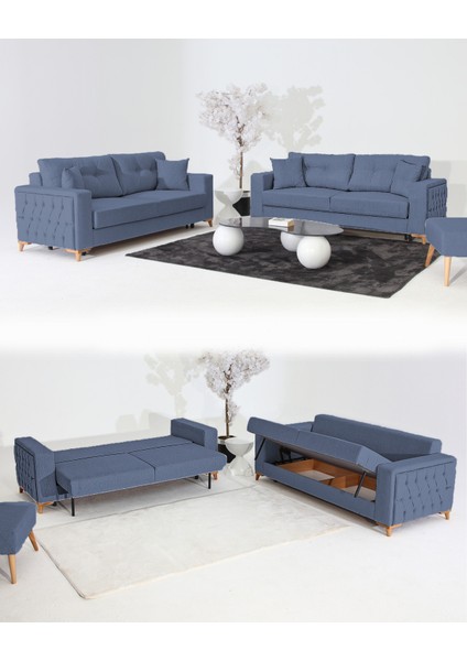 Nola Koltuk Takımı 3+3+3 & Bazalı Yataklı Koltuk & Kanepe - Mavi