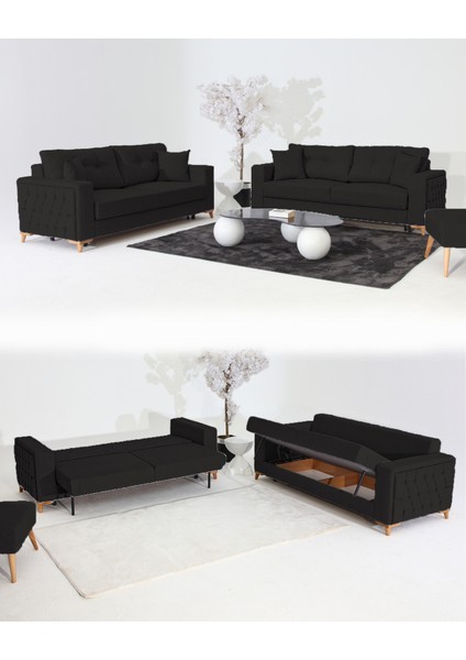 Nola Koltuk Takımı 3+3+3 & Bazalı Yataklı Koltuk & Kanepe - Siyah