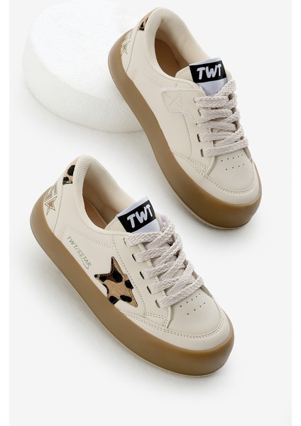 Çocuk Unisex Bej Leopar Termo Taban Yıldız Detaylı Bağcıklı ve Cırtlı Spor Ayakkabı