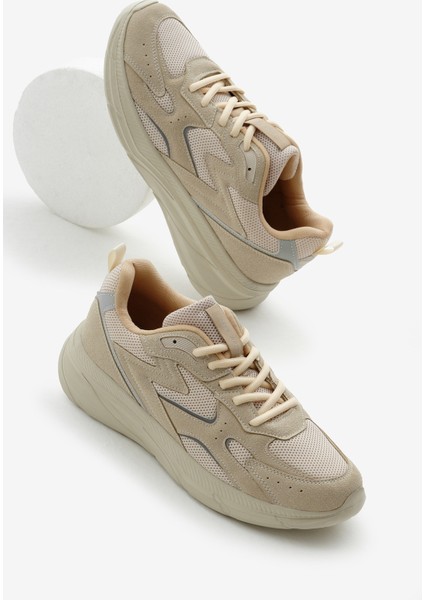 Erkek Bej Faylon Taban Nefes Alabilen Kumaş Reflektörlü Dalgalı Desenli Spor Ayakkabı