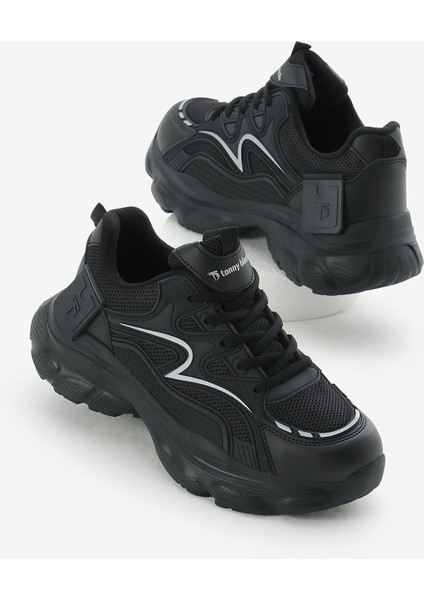 Kadın Siyah Yüksek Eva Faylon Taban Nefes Alabilen Kumaş Desenli Bağcıklı Spor Ayakkabı