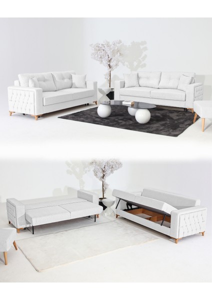 Nola Koltuk Takımı 3+3+3 & Bazalı Yataklı Koltuk & Kanepe - Beyaz