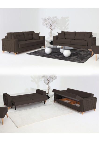 Nola Koltuk Takımı 3+3+3 & Bazalı Yataklı Koltuk & Kanepe - Koyu Kahve