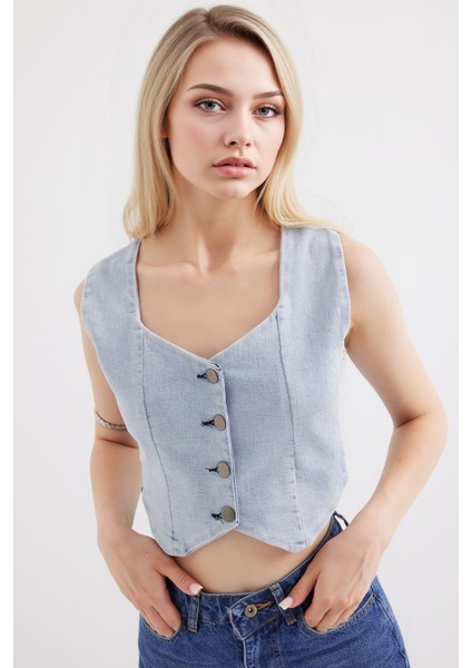 Kadın BDART Dar Kesim Kare Yaka Denim Yelek Blue