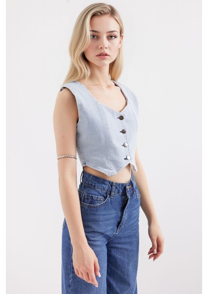 Kadın BDART Dar Kesim Kare Yaka Denim Yelek Blue fiyatları