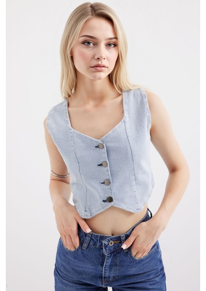 Kadın BDART Dar Kesim Kare Yaka Denim Yelek Blue fırsatları