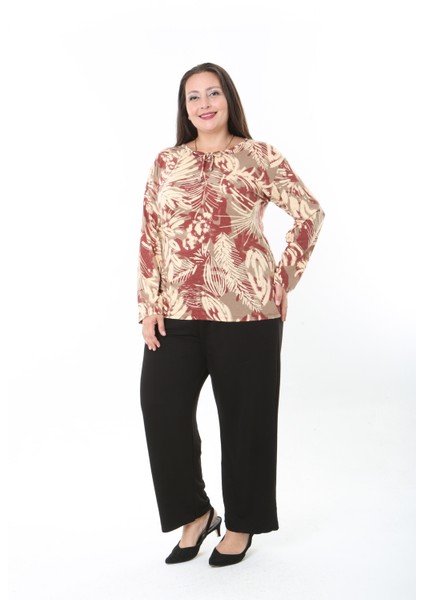 Kadın Desenli Likralı Yünlü Viskon Bluz