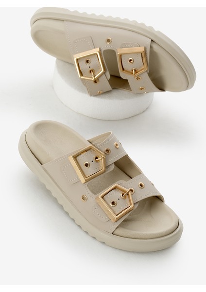 Kadın Bej Poli Taban Çift Bantlı Tokalı Terlik