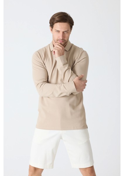 Erkek Uzun Kollu Polo Yaka Comfort Sweatshirt - Bej