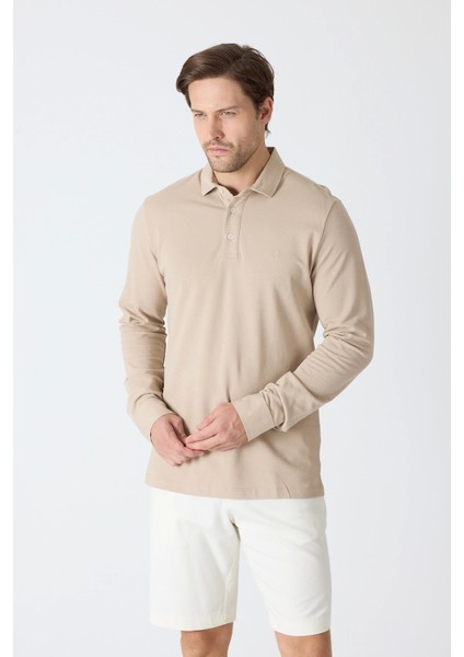 Erkek Uzun Kollu Polo Yaka Comfort Sweatshirt - Bej modelleri