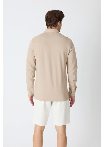 Erkek Uzun Kollu Polo Yaka Comfort Sweatshirt - Bej indirimleri