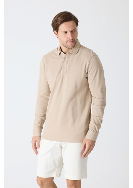 Erkek Uzun Kollu Polo Yaka Comfort Sweatshirt - Bej