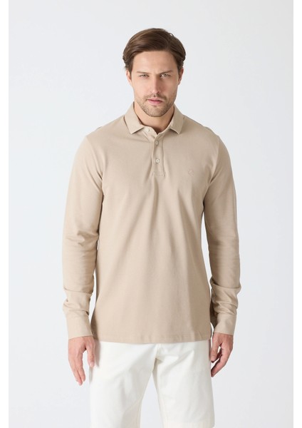 Erkek Uzun Kollu Polo Yaka Comfort Sweatshirt - Bej