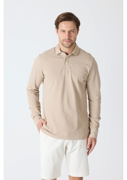 Erkek Uzun Kollu Polo Yaka Comfort Sweatshirt - Bej