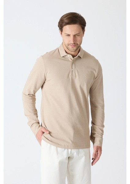 Erkek Uzun Kollu Polo Yaka Comfort Sweatshirt - Bej