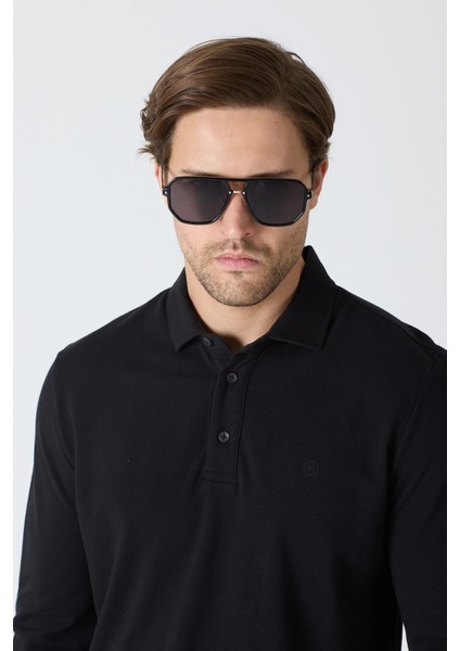 Erkek Uzun Kollu Polo Yaka Comfort Sweatshirt - Siyah modelleri