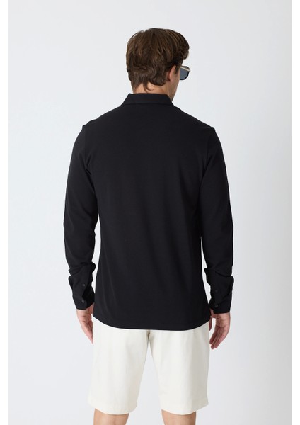 Erkek Uzun Kollu Polo Yaka Comfort Sweatshirt - Siyah indirimleri