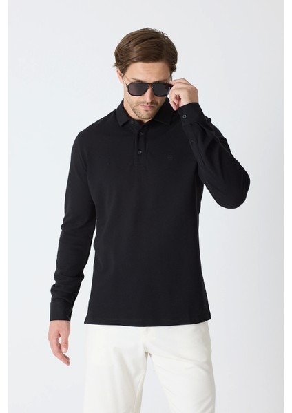 Erkek Uzun Kollu Polo Yaka Comfort Sweatshirt - Siyah