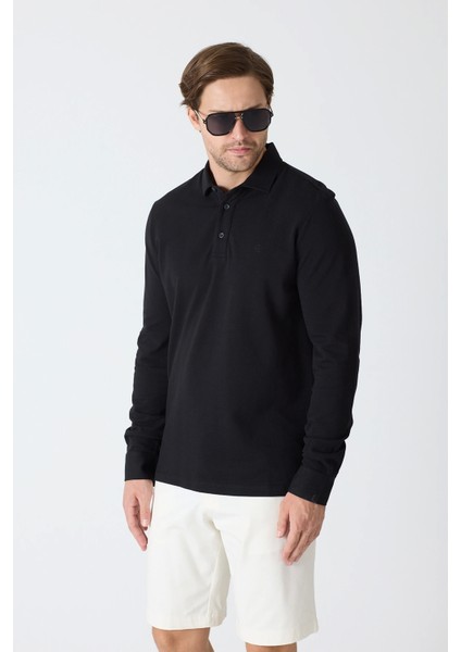 Erkek Uzun Kollu Polo Yaka Comfort Sweatshirt - Siyah