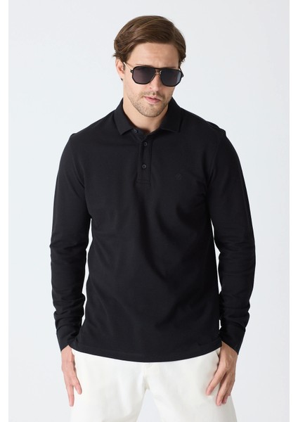 Erkek Uzun Kollu Polo Yaka Comfort Sweatshirt - Siyah