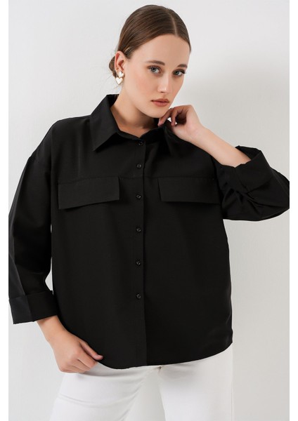 Kadın BDART Cep Detaylı Bol Pamuklu Poplin Gömlek Black