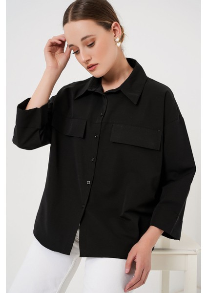Kadın BDART Cep Detaylı Bol Pamuklu Poplin Gömlek Black fırsatları