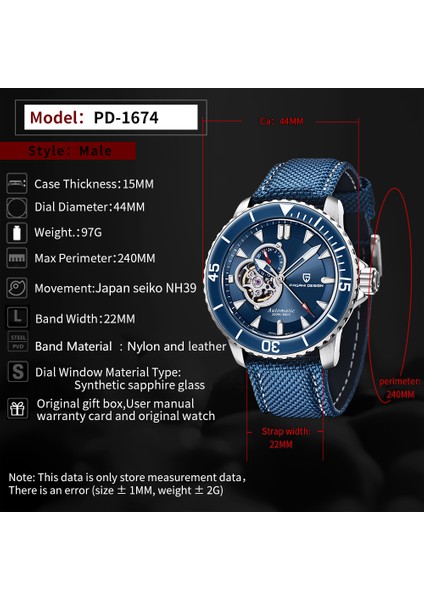 PD-1674 Erkek 200M Su Geçirmez Tourbillon Saat Otomatik Mekanik Saat Safir Kristal Paslanmaz Çelik indirimleri