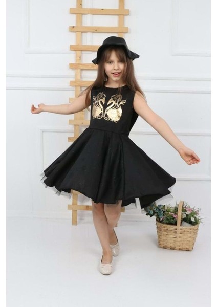 Miss Kuğu Varak Desen Şapkalı Kanatlı Kız Çocuk Elbise indirimleri