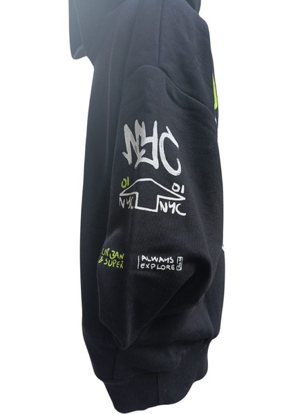 Erkek Çocuk Kapüşonlu Baskılı Siyah Sweatshirt - Cepli, Pamuklu, Rahat Kullanım fırsatları