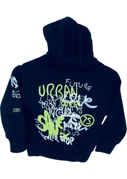 Erkek Çocuk Kapüşonlu Baskılı Siyah Sweatshirt - Cepli, Pamuklu, Rahat Kullanım indirimleri