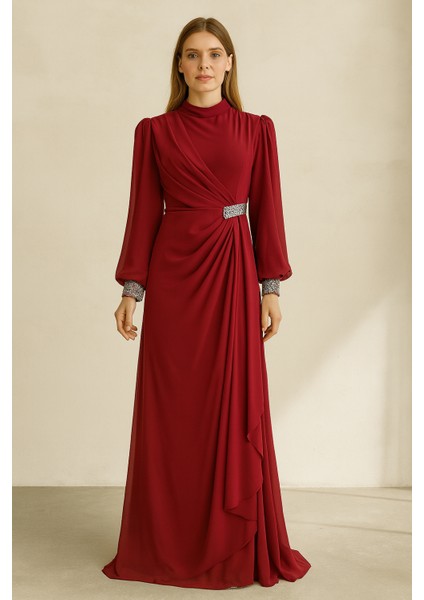 3101 Beli ve Kol Uçları Taş Detaylı Eteği Volanlı Büyük Beden Abiye Qys Abiye Elbise 3101 #23-05#