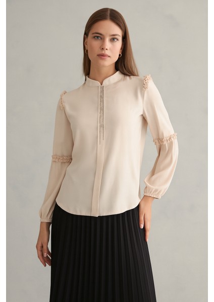 1040 Gömlek Önü Taş Detaylı Ömzu Vel Kolu Fırfır Kol Ucu Lastikli Hakim Yaka Gömlek Qys Gömlek 1040 #23-04#