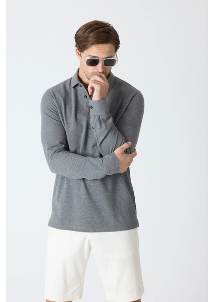 Erkek Uzun Kollu Polo Yaka Comfort Sweatshirt - Antrasit Gri fiyatları