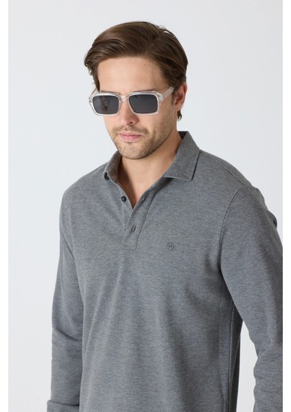 Erkek Uzun Kollu Polo Yaka Comfort Sweatshirt - Antrasit Gri modelleri