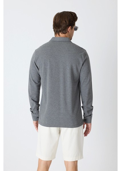 Erkek Uzun Kollu Polo Yaka Comfort Sweatshirt - Antrasit Gri indirimleri