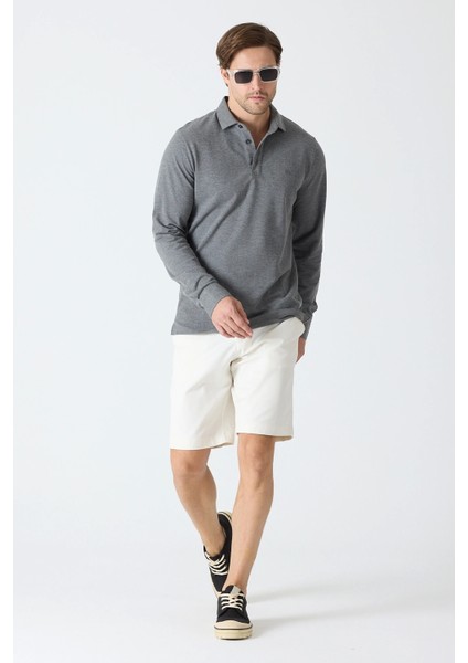Erkek Uzun Kollu Polo Yaka Comfort Sweatshirt - Antrasit Gri