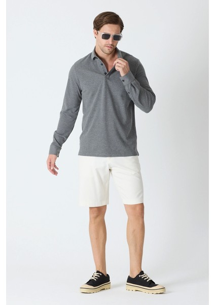 Erkek Uzun Kollu Polo Yaka Comfort Sweatshirt - Antrasit Gri